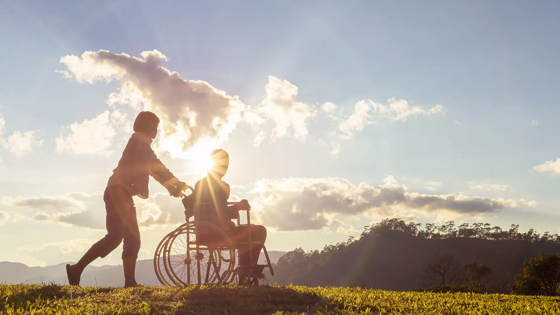 Sanitätskaufhaus Kellner - Relaunch 2025 - Stockmaterial - zwei Personen auf idyllischer Wiese , eine davon schiebt die andere im Rollstuhl